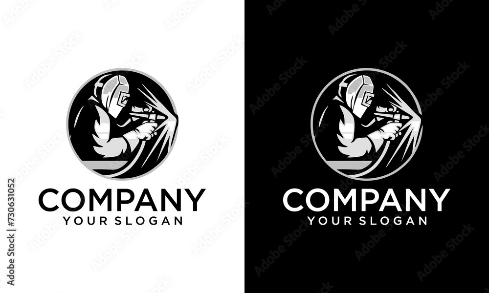Creative Circle welder vector logo, welding company. Black and white illustration of a welder in work clothes. Creative Circle welder vector logo, welding company. Black and white illustration of a welder in work clothes.