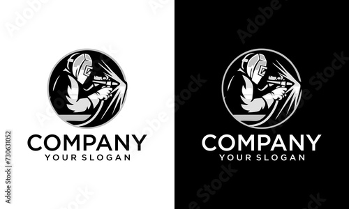 Creative Circle welder vector logo, welding company. Black and white illustration of a welder in work clothes.
