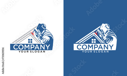 Creative welder Roofing house vector logo, welding company. Black and white illustration of a welder in work clothes.