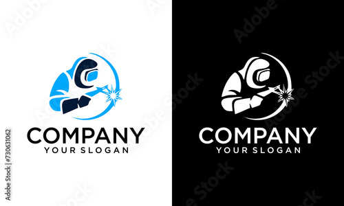 Creative welder vector logo, welding company. Black and white illustration of a welder in work clothes.