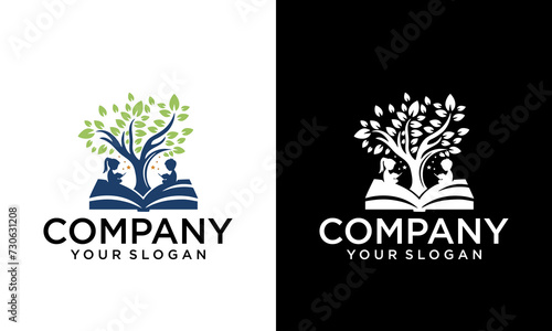 Creative Child care. Tree logo. Abstract, balance, education and life design template. Child  reading under smart brain tree, fun education logo symbol design illustration inspiration