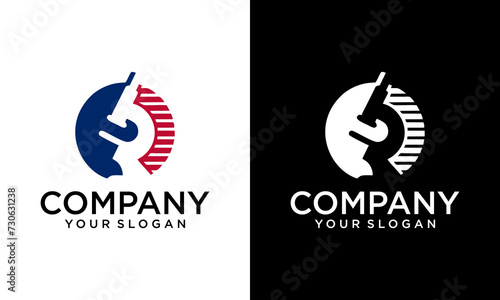 Creative Microscope in circle logo. Symbol of science, chemistry, pharmaceutical instrument, microbiology magnifying tool. Flat style for graphic design template. Suitable for logo, web, UI, mobil