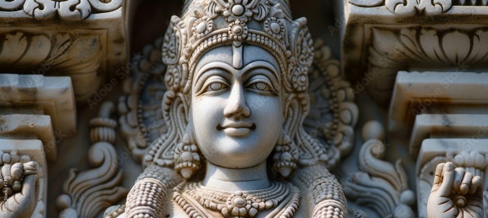 Lord Vishnu statue. Hindu religion concept. Generative AI technology.	
