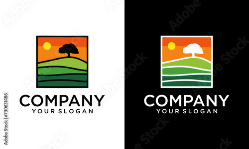 Creative Square green hill logo vector with tree vector illustration design landscape