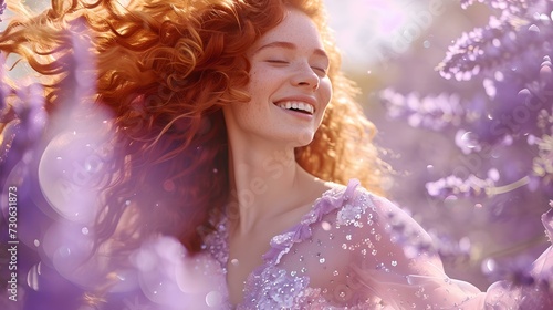 Joyful woman in a purple dress surrounded by blossoms. springtime bliss. radiant smile and flowing hair. outdoor, natural light. AI