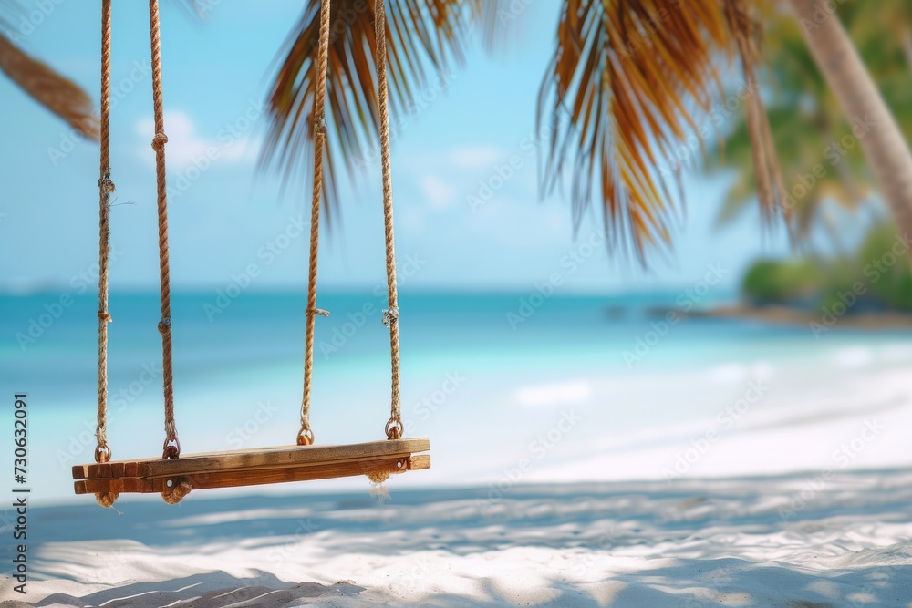Photograph of a wooden swing hanging from a palm tree over soft white beach sand. Swing in sharp focus, blurred palm leaves,