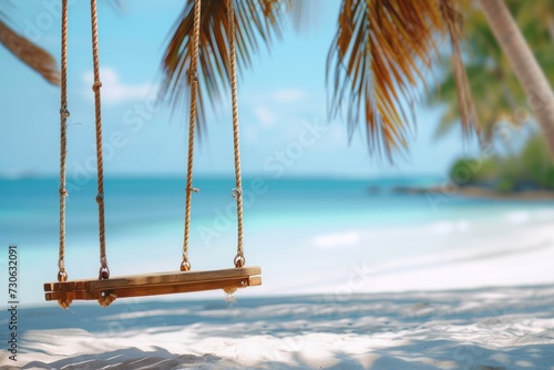 Photograph of a wooden swing hanging from a palm tree over soft white beach sand. Swing in sharp focus, blurred palm leaves, © Daunhijauxx