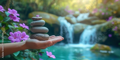 A hand holding a stack of zen stones  surrounded by purple flowers  with a blurred waterfall in the background  creating a tranquil and serene scene.