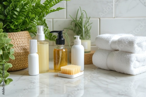 Bright, clean setting showcasing a variety of skincare products on a marble counter with lush green plants and fluffy white towels in the background.