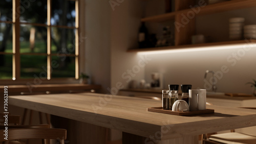 Close-up image of a hardwood dining table in a modern  Scandinavian kitchen.