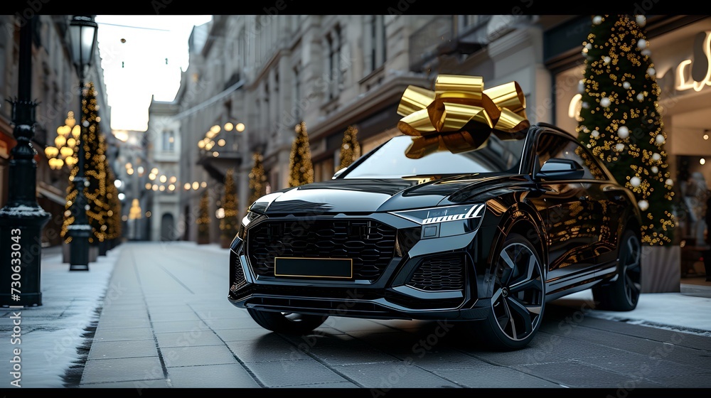 Luxury car with golden bow on a city street decorated for christmas, perfect for holiday promotion. AI