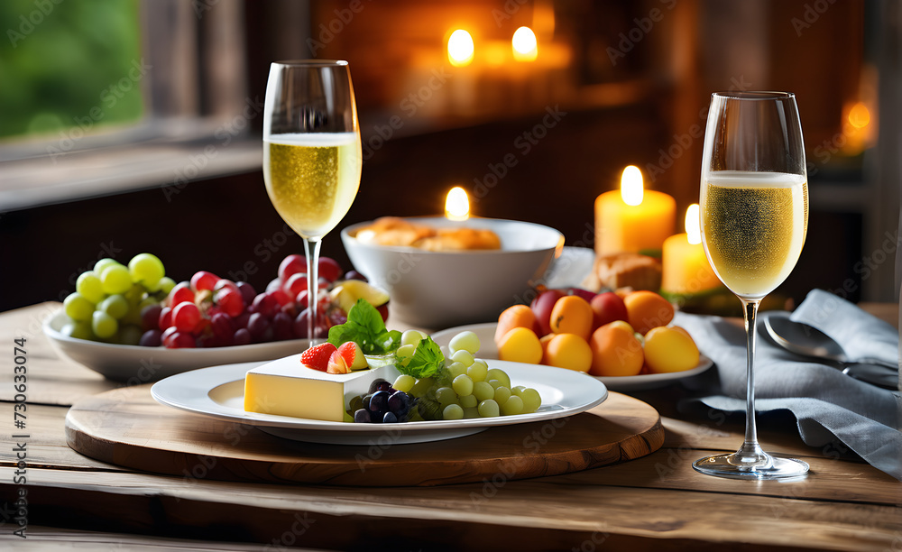 Two champagne glasses positioned to the right, half-full with golden bubbly liquid reflecting ambient light, an array of gourmet foods. Generative AI Two champagne glasses positioned to the right, half-full with golden bubbly liquid reflecting ambient light, an array of gourmet foods. Generative AI