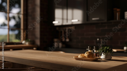 A space for displaying your product on a hardwood dining table in a modern  dark kitchen.