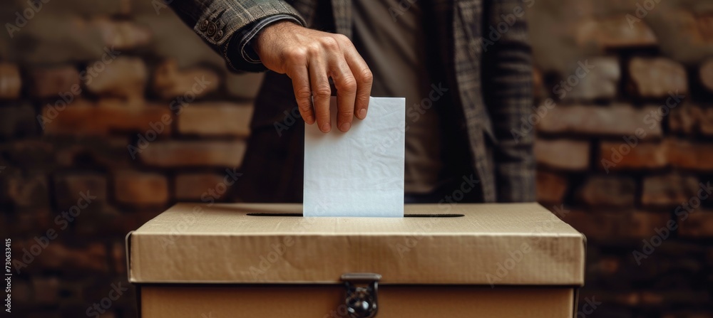 Naklejka premium Man putting a ballot into voting box. Generative AI technology.