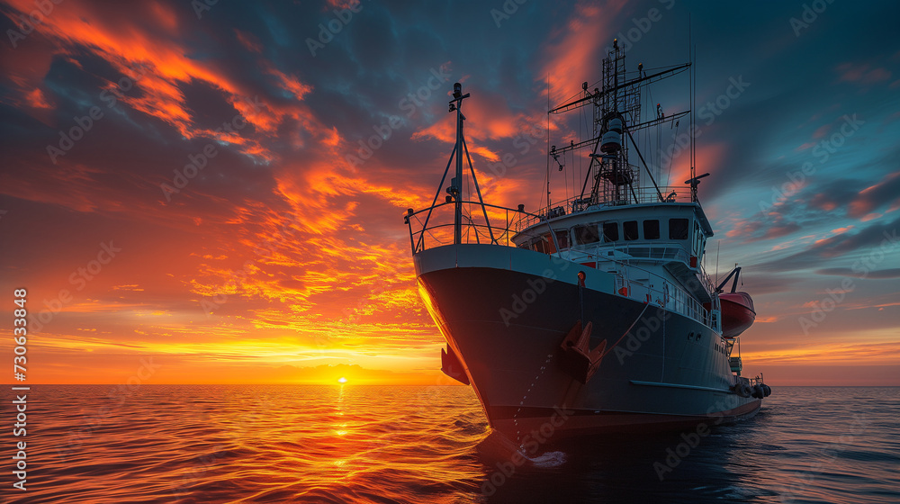 A serene image of a large ship sailing on smooth sea waters, basked in the warm glow of a breathtaking sunset sky.