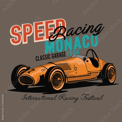 Original vector illustration in vintage style. An old vintage racing car. T-shirt design, stickers, print.