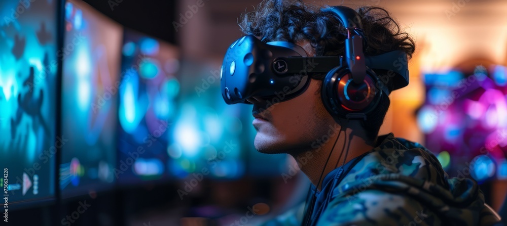 A man using virtual reality headset for gaming simulation. Fictional character. Generative AI technology. A man using virtual reality headset for gaming simulation. Fictional character. Generative AI technology.