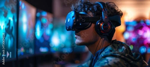 A man using virtual reality headset for gaming simulation. Fictional character. Generative AI technology.