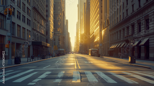 A sunlit empty street with tall buildings and a zebra crossing in the city at dawn