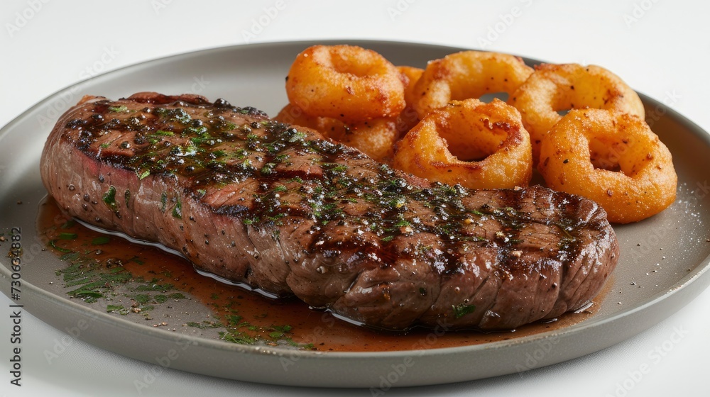 A steak served with peppercorn sauce and accompanied by onion rings, presented on a white background. A steak served with peppercorn sauce and accompanied by onion rings, presented on a white background.