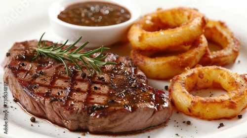 A steak served with peppercorn sauce and accompanied by onion rings, presented on a white background.