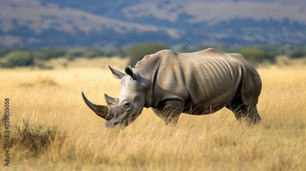 Obraz premium White rhinoceros grazing in a grass field.