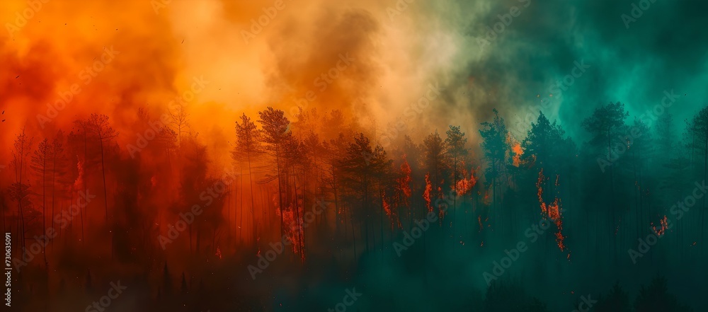 Vibrant forest engulfed in colorful smoke. abstract nature scene. artistic outdoor landscape. conceptual photography for design use. AI