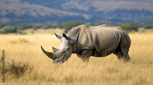 White rhinoceros grazing in a grass field. © kardaska