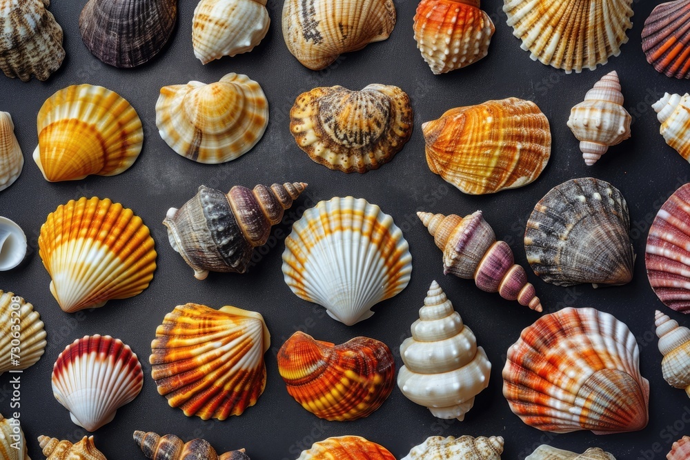 Collection of various colorful seashells on black background.