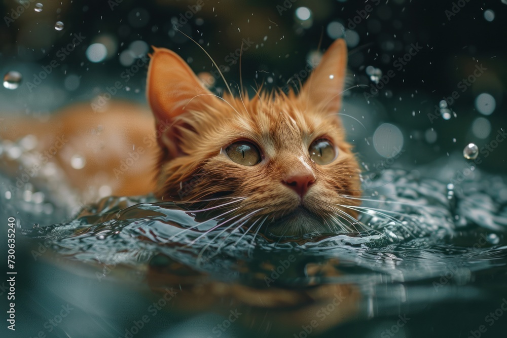 Orange cat swimming in the tub