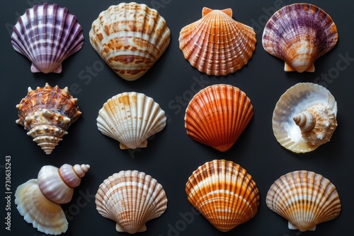 Collection of various colorful seashells on black background.