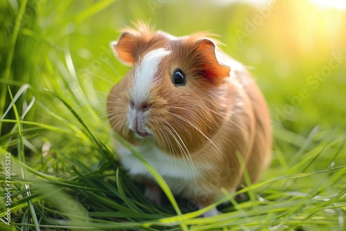 Beautiful guinea pig pet portrait in fresh green grass. © kardaska