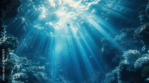 Underwater background with blue water and sun rays. Copy space. © 2D_Jungle