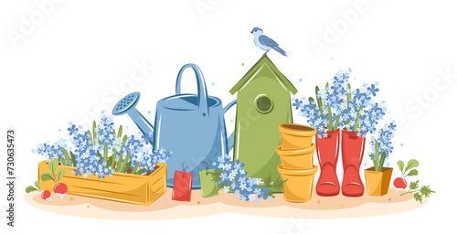 Hello spring. Gardening, growing plants, agricultural tools. Vector illustration. 