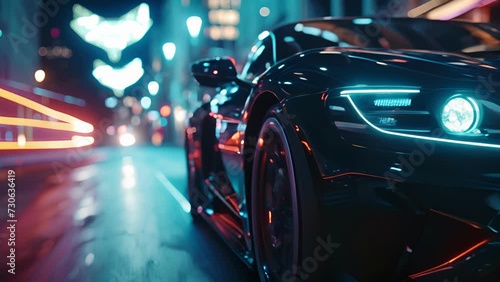 A slowmotion shot captures the intense reflection of the city lights on the sharp angular headlights of a street racing car creating a mesmerizing and dynamic visual. photo