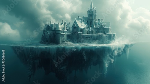 An icy island beneath the water is a ghost town,copy space. © 2D_Jungle