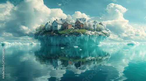 An icy island beneath the water is a ghost town,copy space. © 2D_Jungle