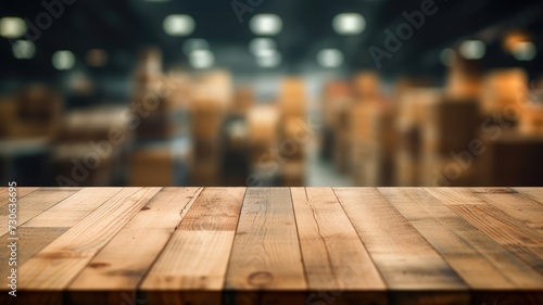 Fotografia The empty wooden table top with blur background of warehouse storage