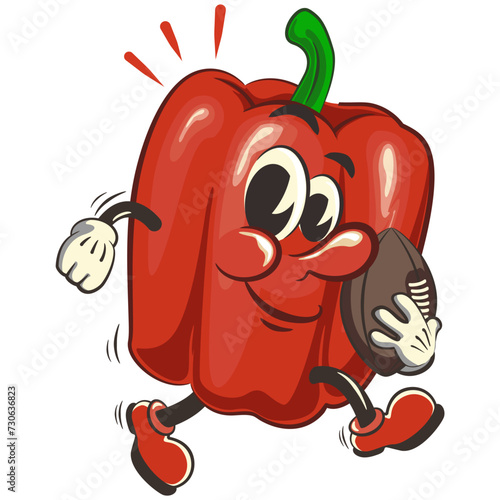 vector isolated clip art illustration of cute bell peppers mascot playing american football with an oval ball, work of handmade