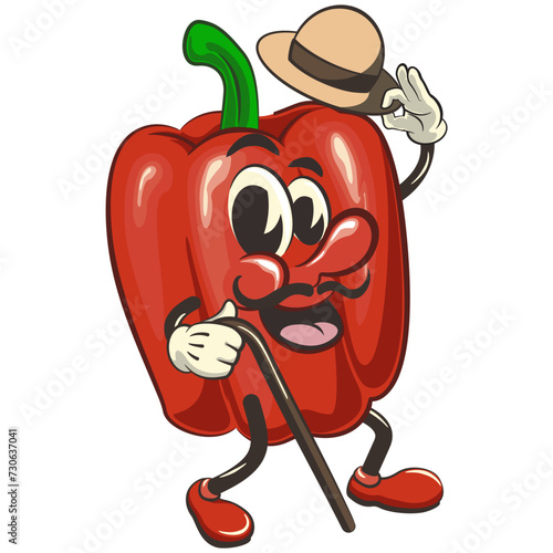 vector isolated clip art illustration of cute bell peppers mascot carrying a stick and saluting with raised hat, work of handmade