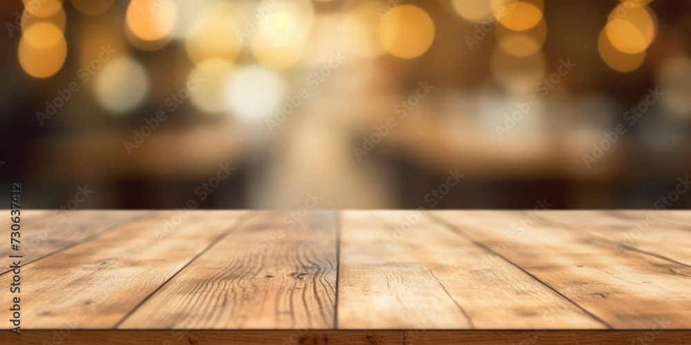 The empty wooden table top with blur background of cafe. Exuberant image. generative ai