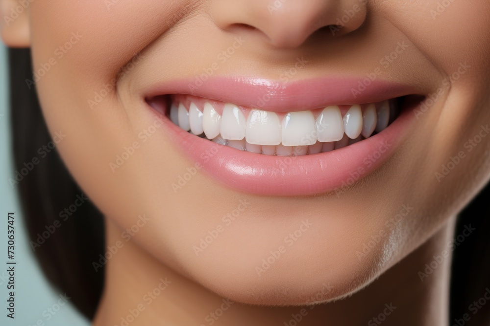 Obraz premium Close-up of a woman smile. Beautiful teeth and painted lips close-up