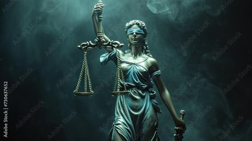 Legal Concept: Themis is the goddess of justice as a symbol of law and order on the background of dark room,copy space. Legal Concept: Themis is the goddess of justice as a symbol of law and order on the background of dark room,copy space.
