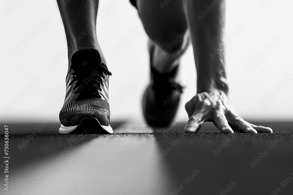 legs mans close-up of runner is at start, black and white image legs mans close-up of runner is at start, black and white image