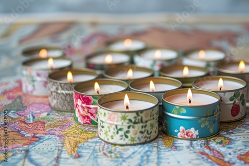 Small, hand-poured travel tin candles with floral designs, lit and arranged on a world map background.