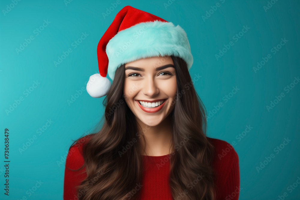 girl smile in red-turquoise Christmas santa hat and red sweater, isolated on dark background girl smile in red-turquoise Christmas santa hat and red sweater, isolated on dark background