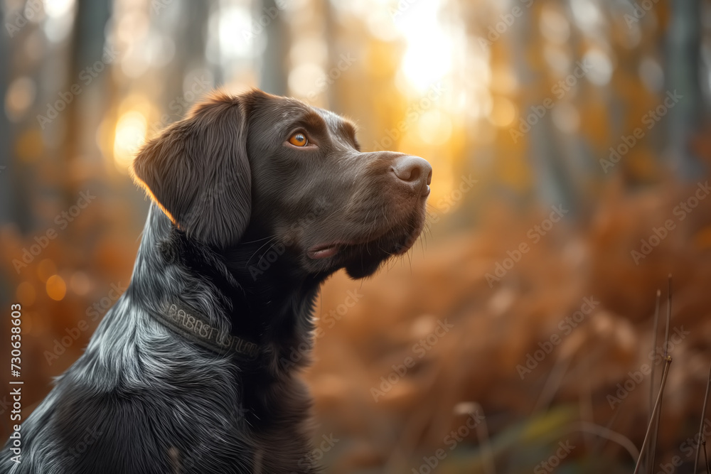 Drathaar hunting breed dog sits attentively amidst the wooded surroundings, gazing upwards with intense focus