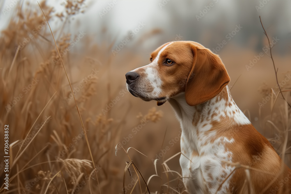 Brown and White Dog Estonian hound Standing in Tall Grass