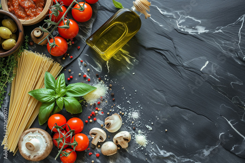 Italian food background, cherry tomatoes, basil, spaghetti, mushrooms, olives, parmesan, oil, garlic, pepper, rosemary, parsley on dark background, top view