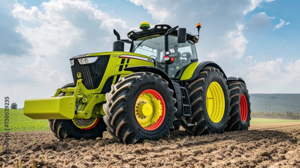 Field Workhorse, A Large Modern Tractor Ready to Tackle the Fields, Symbolizing Efficiency and Power in Agricultural Work. Field Workhorse, A Large Modern Tractor Ready to Tackle the Fields, Symbolizing Efficiency and Power in Agricultural Work.
